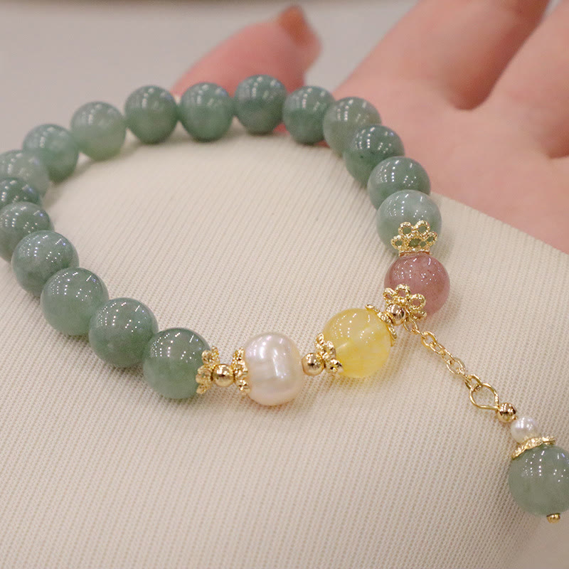 Wear FengShui Jade Pearl Strawberry Quartz Abundance Luck Bead Charm Bracelet