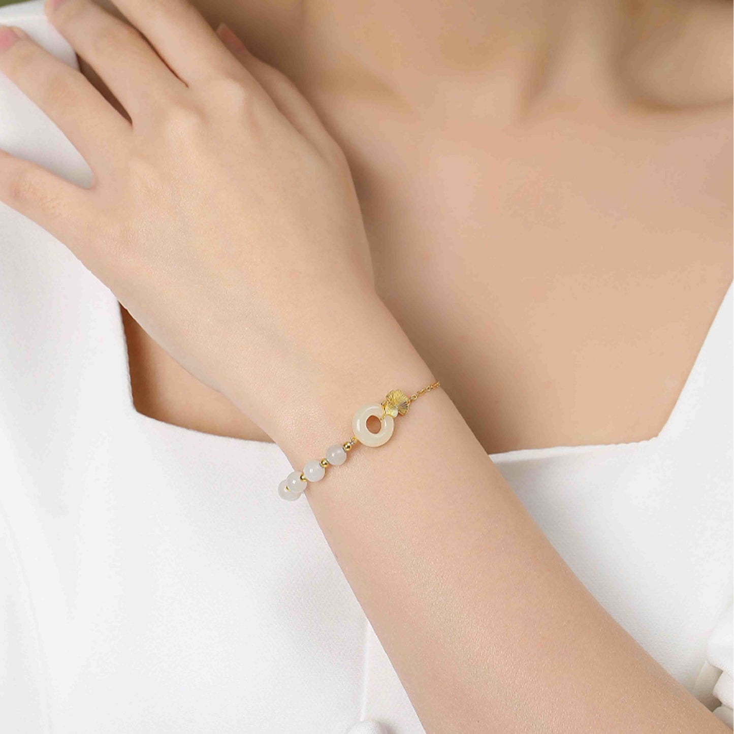 Wear FengShui 925 Sterling Silver Hetian White Jade Peace Buckle Ginkgo Leaf Luck Bracelet