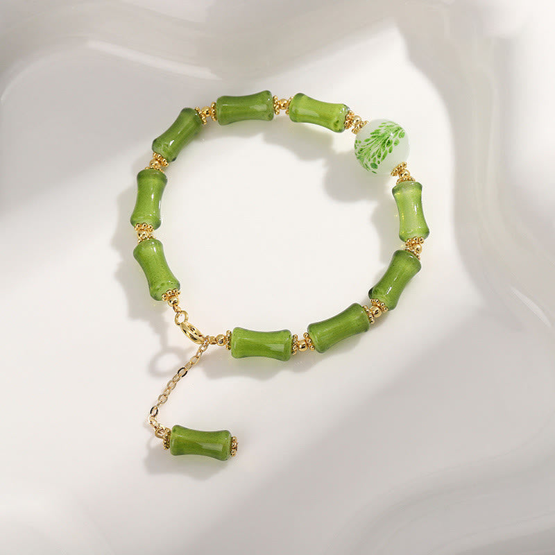 Wear FengShui Green Bamboo Pattern Liuli Crystal Moss Agate Wealth Chain Bracelet
