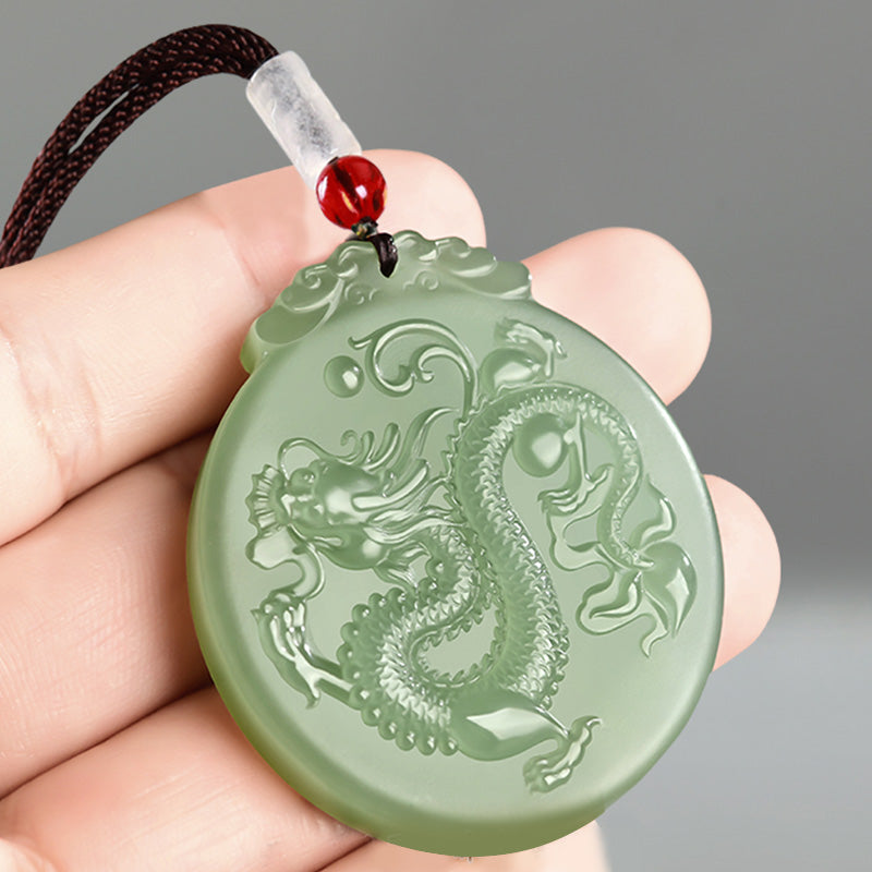 Wear FengShui Chinese Zodiac Dragon Jade Luck Necklace String Pendant