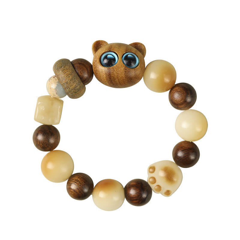 Wear FengShui Natural Bodhi Seed Sandalwood Lucky Cute Cat Head Paw Claw Peace Bracelet