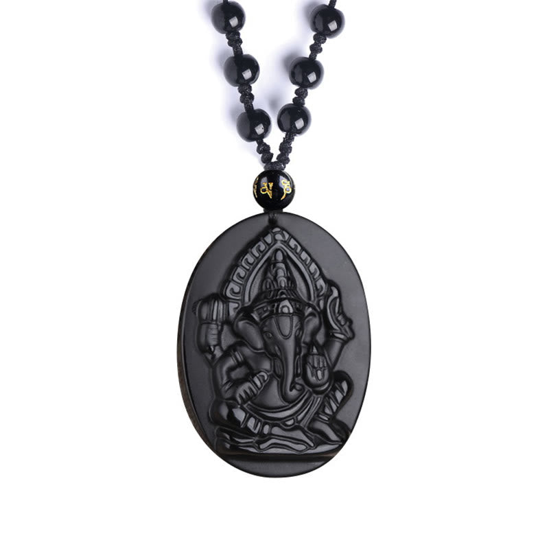 Wear FengShui Tibetan Obsidian Ganesh Ganpati Elephant Wealth Amulet Necklace