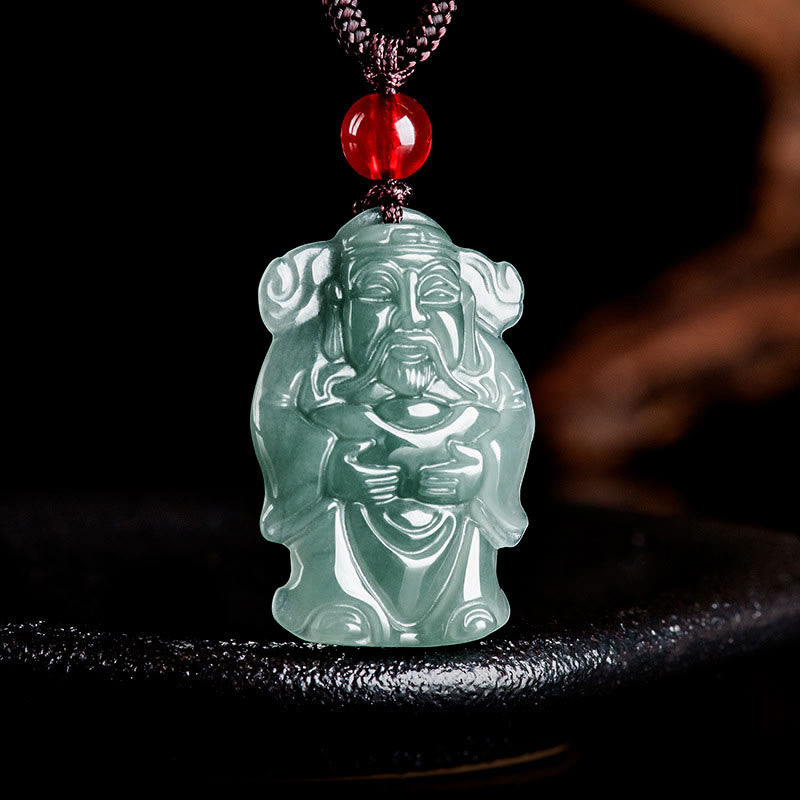 Wear FengShui Natural Green Jade Chinese God of Wealth Caishen Ingot Abundance Necklace Pendant