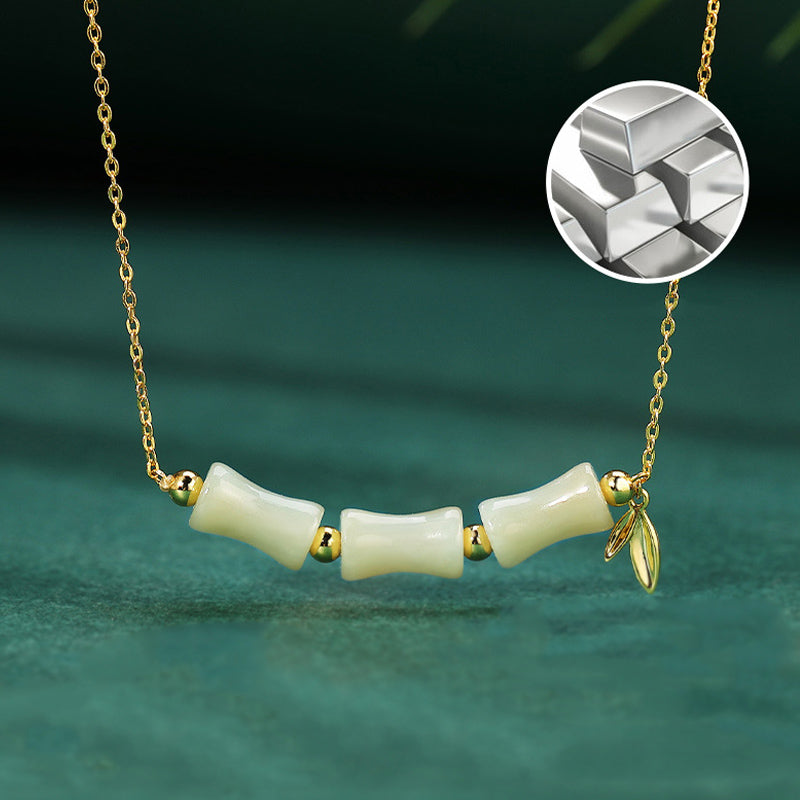 Wear FengShui 925 Sterling Silver Hetian Jade Bamboo Fu Character Prosperity Necklace Pendant Bracelet