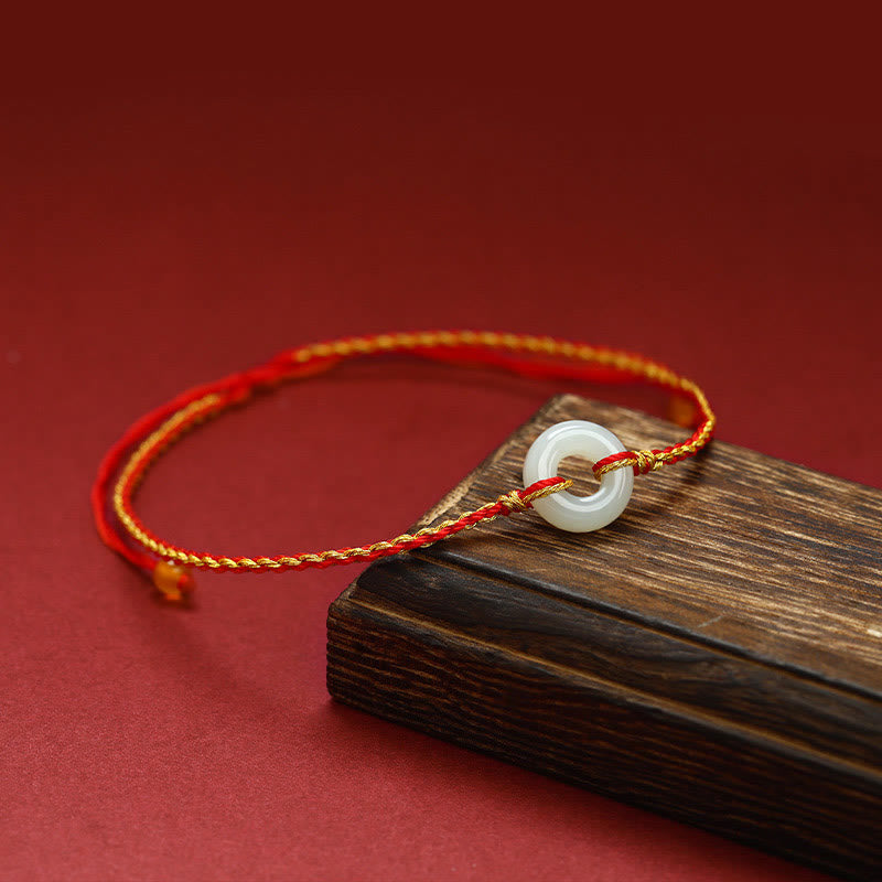 Wear FengShui Round Peace Buckle Jade Luck Abundance Braided Bracelet Anklet
