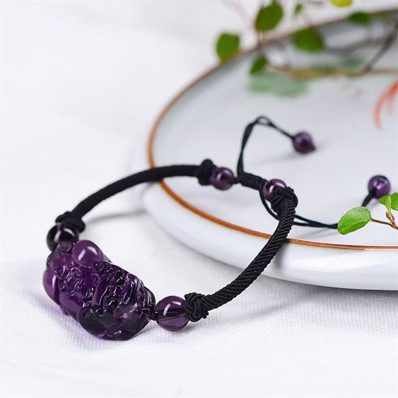 Wear FengShui Natural Obsidian Amethyst Citrine PiXiu Cooper Coin Wealth Bracelet