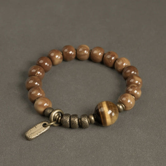 Wear FengShui Kuka Seed Tiger Eye Gold Sheen Obsidian Brass Copper Wealth Luck Bracelet