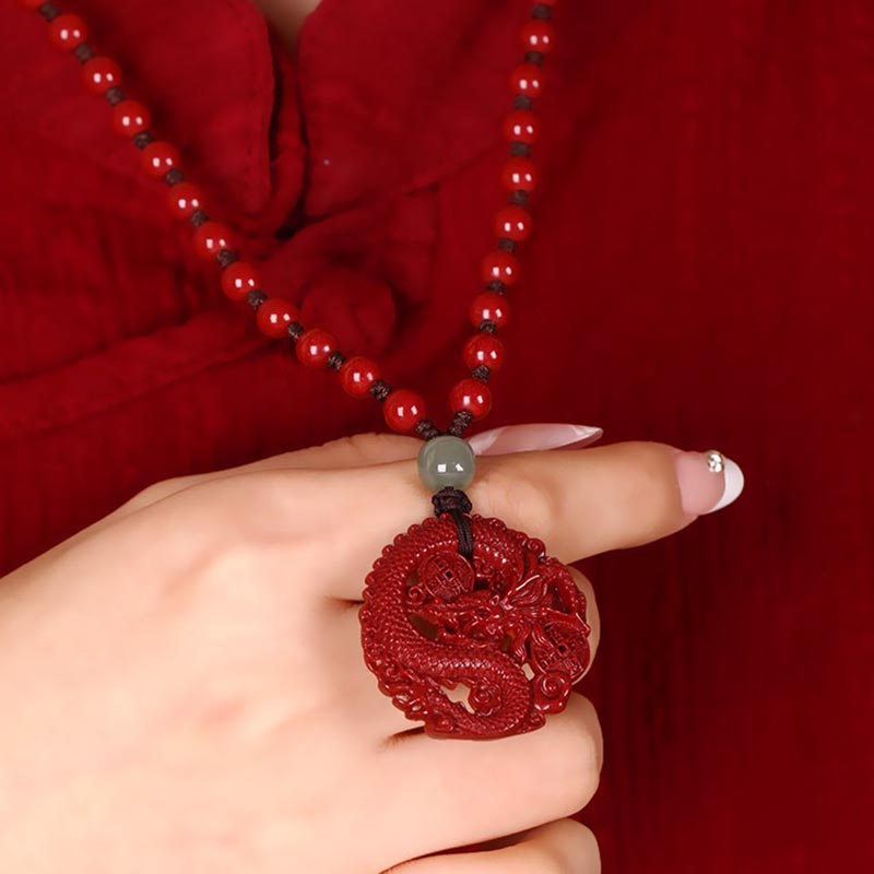 Wear FengShui Year Of The Dragon Natural Cinnabar Hetian Jade Bead Copper Coin Attract Wealth Strength Necklace Pendant