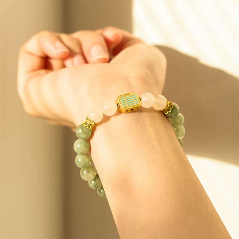 Wear FengShui Natural Green Jade White Agate Five Scriptures Abundance Bracelet