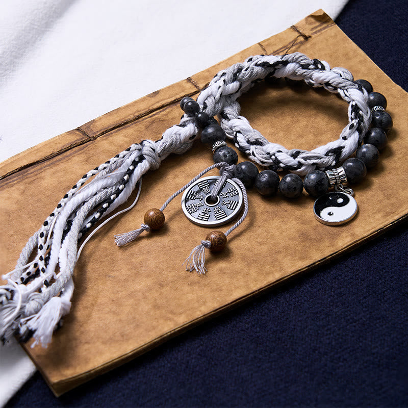 Wear FengShui Black Glitter Stone Cat's Eye Yin Yang Mountain Ghosts Spend Money Power Double Layer Rope Bracelet