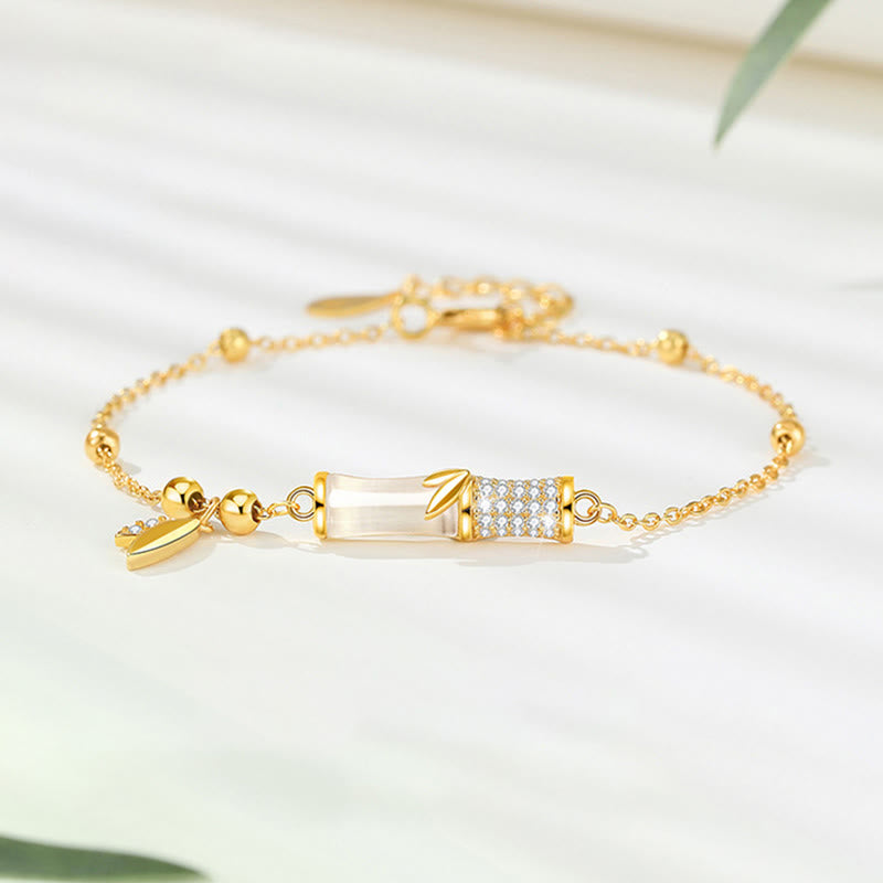 Wear FengShui 925 Sterling Silver 18K Gold Plated White Jade Bamboo Zircon Leaf Luck Bracelet