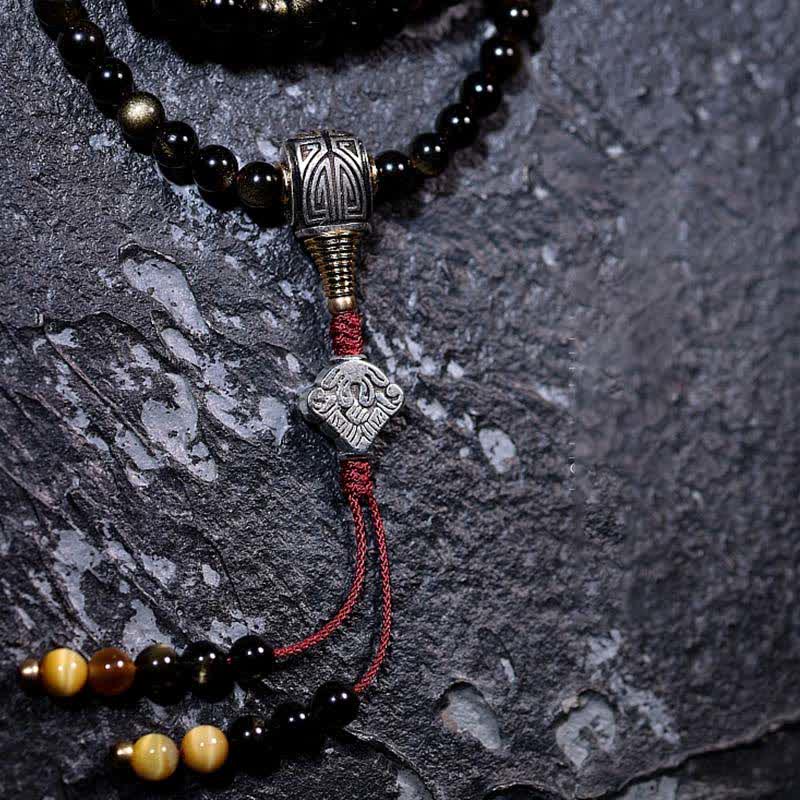 Wear FengShui 108 Mala Beads Gold Sheen Obsidian Tiger Eye Eagle's Eye Stone Wealth Bracelet