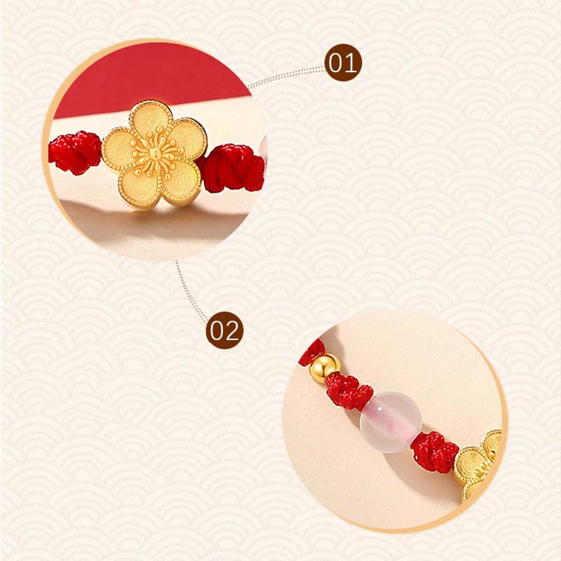 Wear FengShui Handmade 925 Sterling Silver Peach Blossom Cherry Sakura Chalcedony Bead Luck Red Rope Bracelet