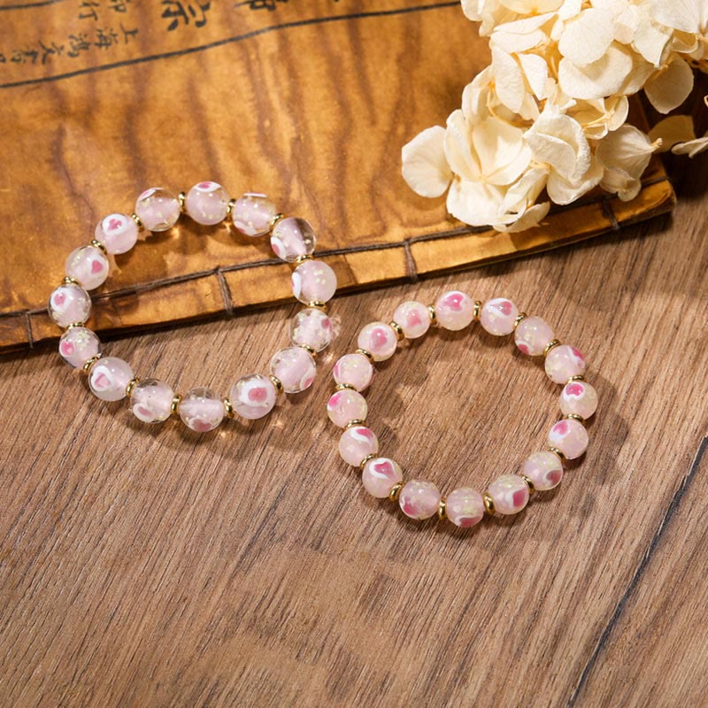 Wear FengShui Gold Swallowing Beast Family Charm Luminous Pink Love Heart Fluorescent Liuli Glass Bead Blessings Bracelet