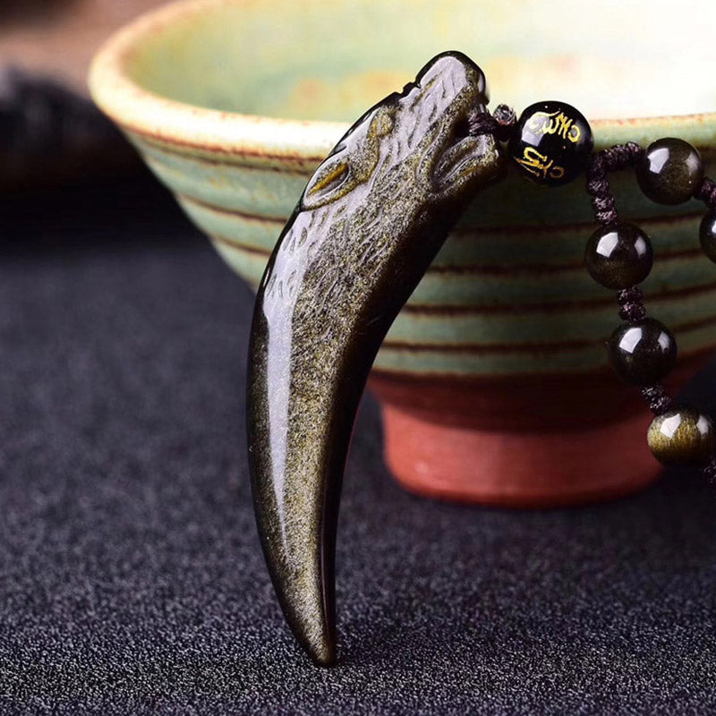 Wear FengShui Natural Black Obsidian Ice Obsidian Rainbow Obsidian Wolf Tooth Pattern Strength Necklace Pendant