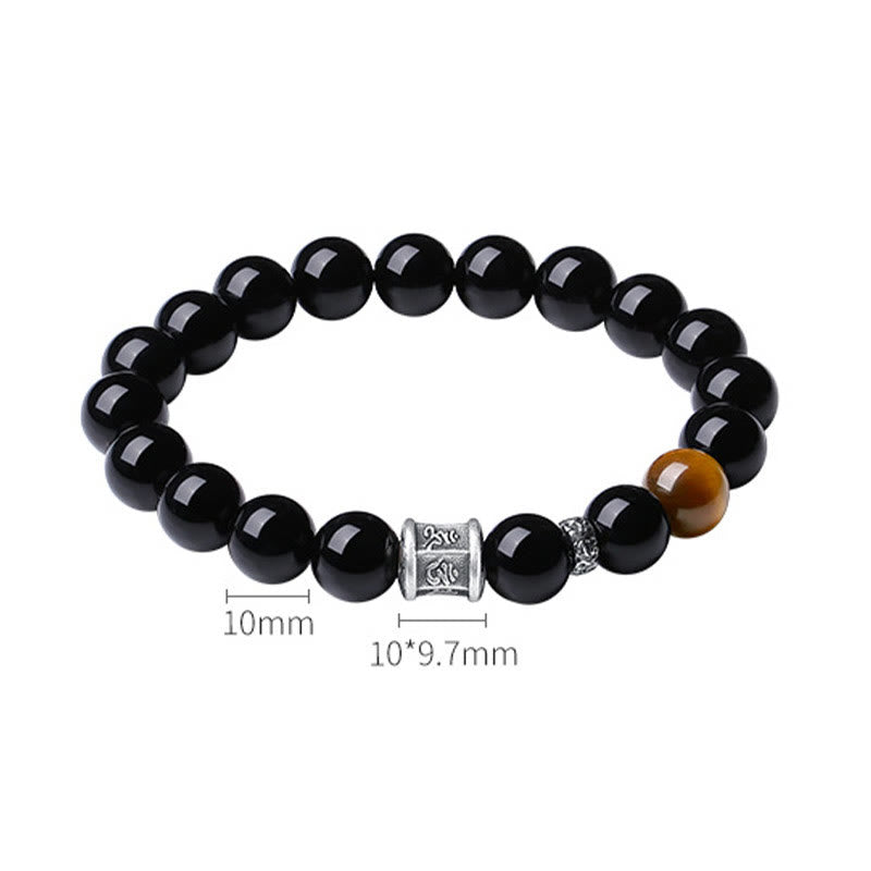 Wear FengShui 999 Sterling Silver Black Obsidian Tiger Eye Om Mani Padme Hum Fulfillment Bracelet