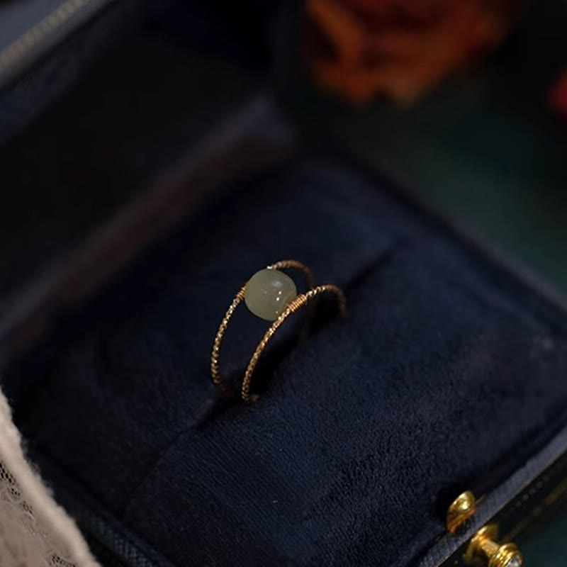 Wear FengShui Round Jade Pearl Bead Double Layer Copper Luck Adjustable Ring