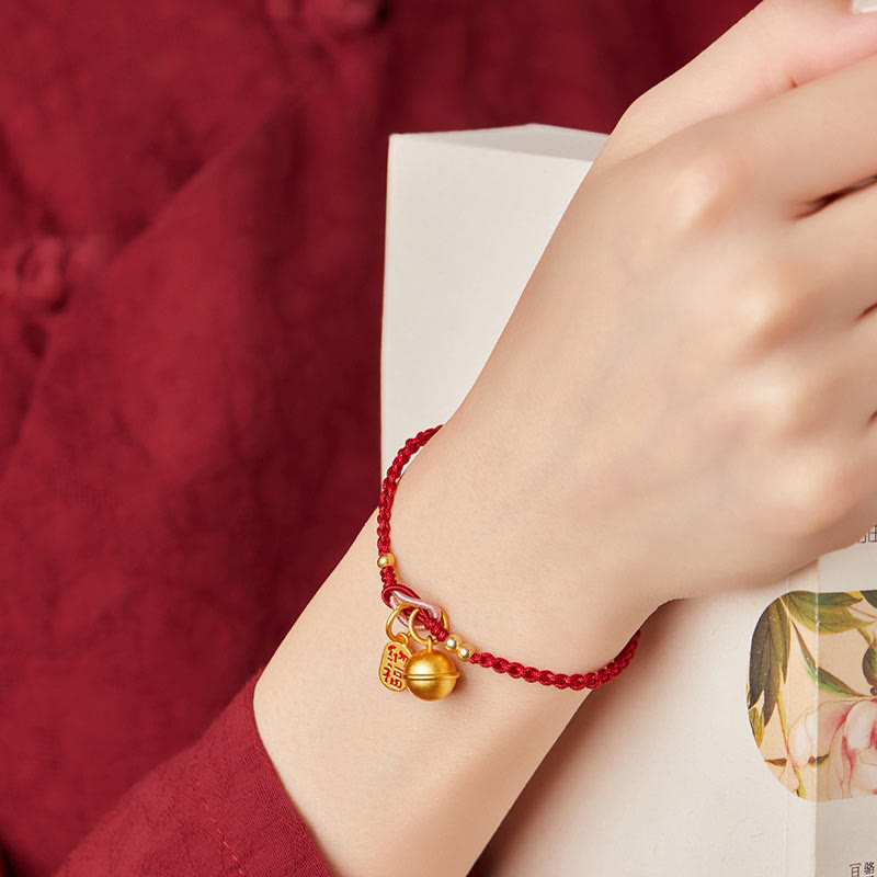 Wear FengShui Handmade Fu Character Charm Luck Happiness Bell Red Rope Bracelet