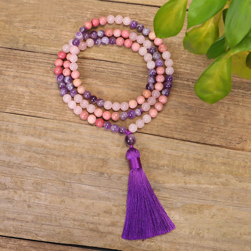 Wear FengShui 108 Mala Beads Amethyst Rose Quartz Spiritual Healing Tassel Bracelet