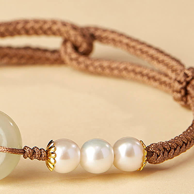 Wear FengShui Natural Hetian Jade Pearl Peace Buckle Luck Bracelet