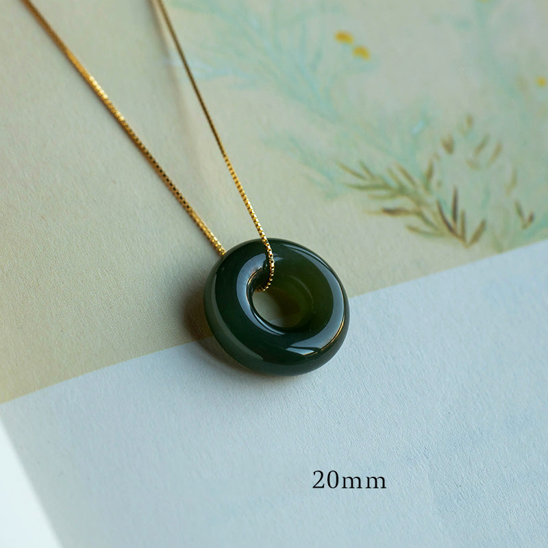 Wear FengShui Natural Round Jade Peace Buckle Luck Abundance Necklace Pendant