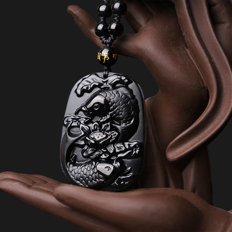 Wear FengShui Natural Black Obsidian Koi Fish Lotus Strength Beaded Necklace Pendant