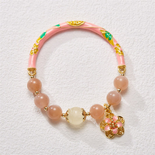 Wear FengShui Natural Sun Stone Golden Silk Jade Flower Charm Wealth Bracelet Bangle