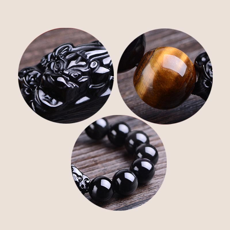 Wear FengShui Natural Black Obsidian PiXiu Tiger's Eye Strength Bracelet