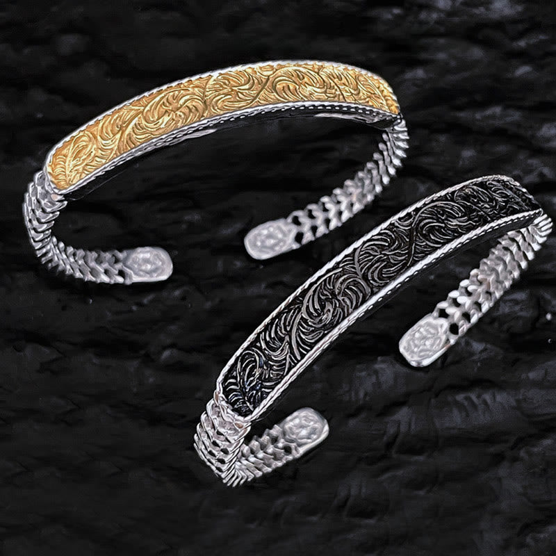 Wear FengShui Tang Dynasty Flower Design Engraved Copper Luck Cuff Bracelet Bangle Adjustable Ring