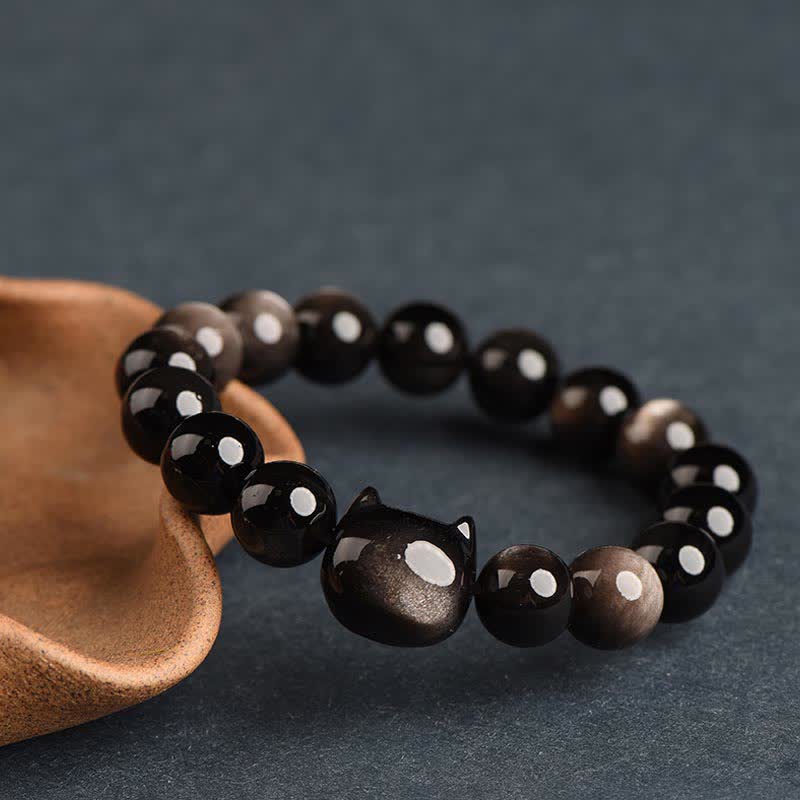 Wear FengShui Gold Sheen Obsidian Silver Sheen Obsidian Lovely Paw Lucky Cat Protection Bracelet