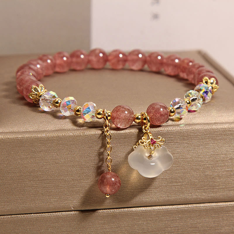 Wear FengShui Natural Strawberry Quartz Crystal White Agate Auspicious Cloud Healing Bracelet