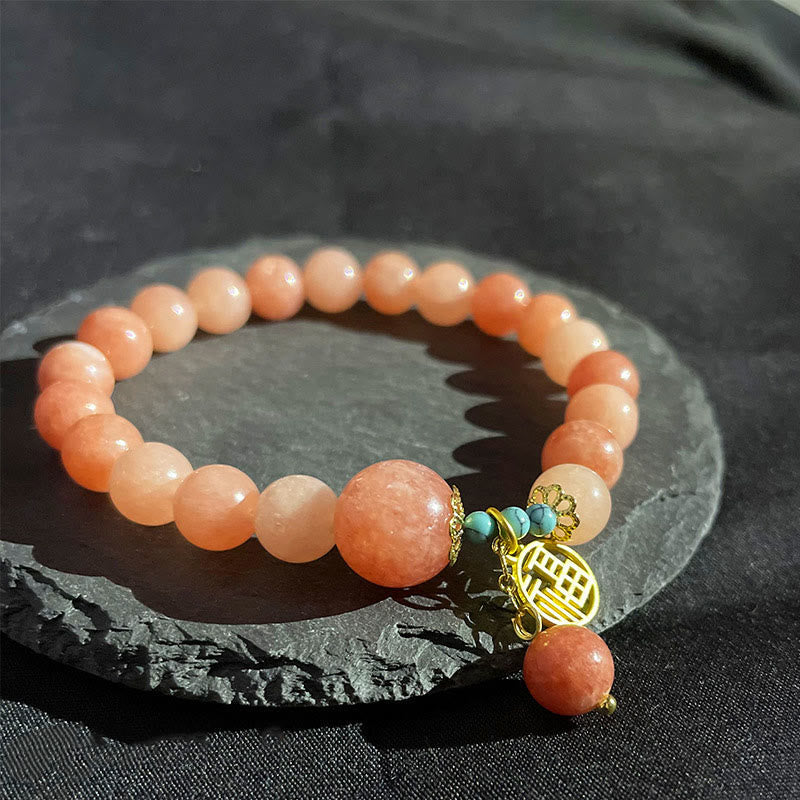 Wear FengShui Natural Orange Stone Turquoise Fu Character Charm Luck Fortune Bracelet