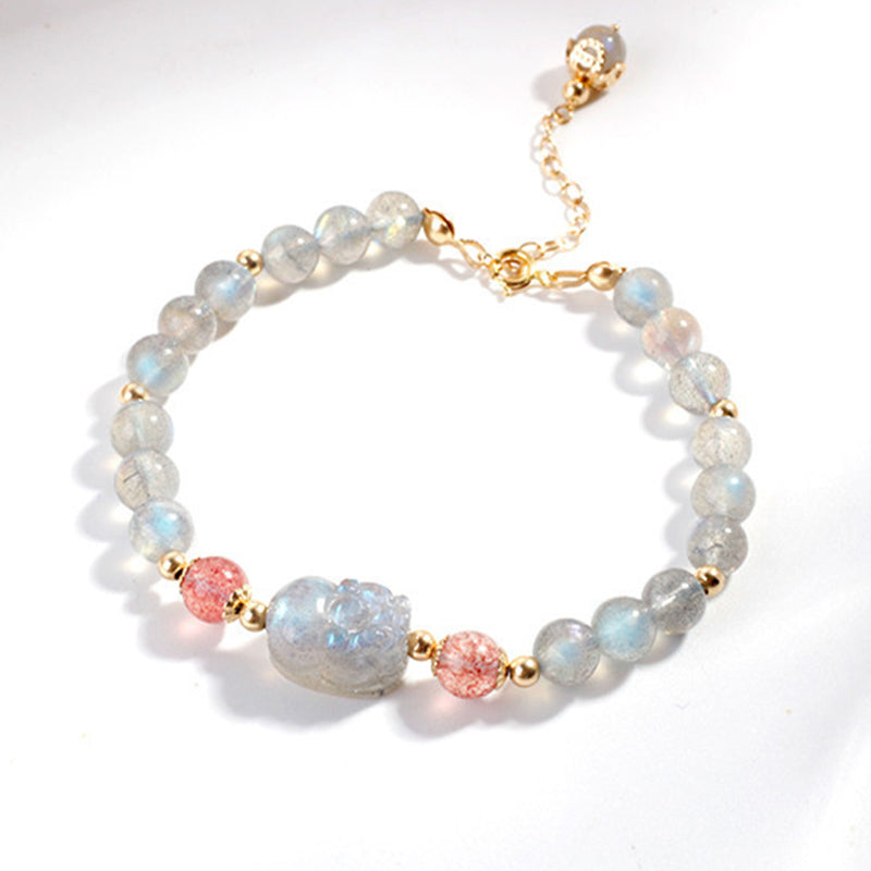 Wear FengShui Moonstone Strawberry Quartz PiXiu Healing Bracelet