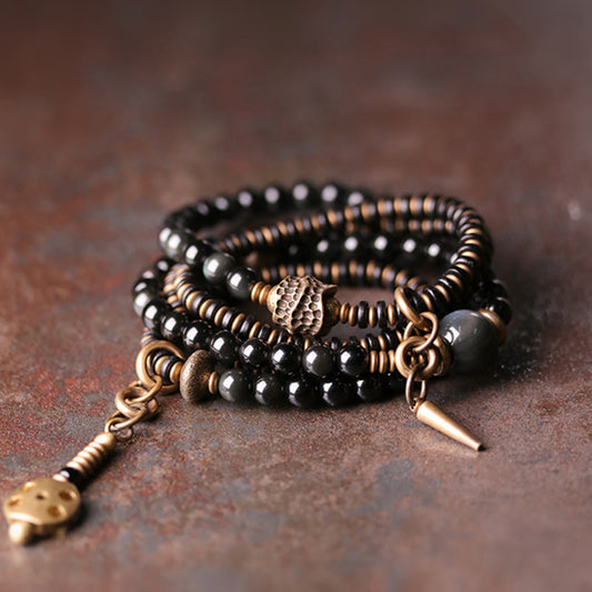 Wear FengShui Rainbow Obsidian Ebony Wood Copper Positive Multilayer Bracelet
