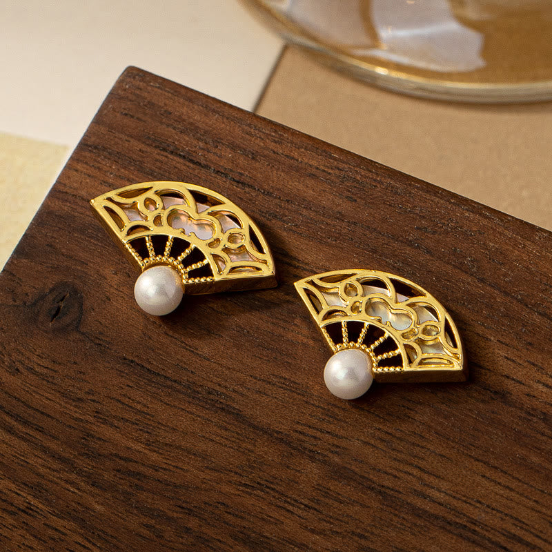 Wear FengShui 925 Sterling Silver Posts Fan Pattern Pearl Copper Wisdom Stud Drop Earrings