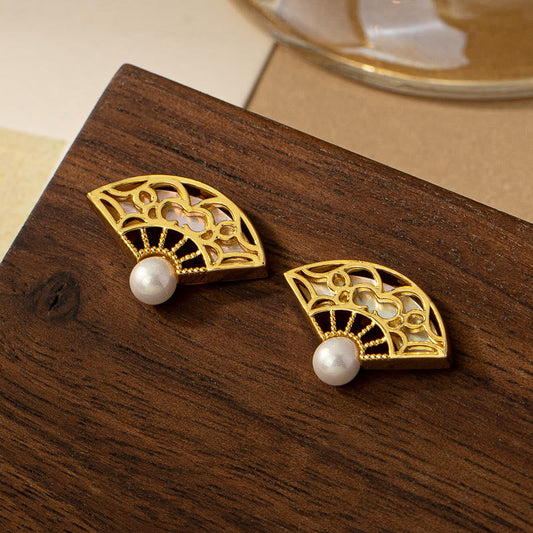 Wear FengShui 925 Sterling Silver Posts Fan Pattern Pearl Copper Wisdom Stud Drop Earrings