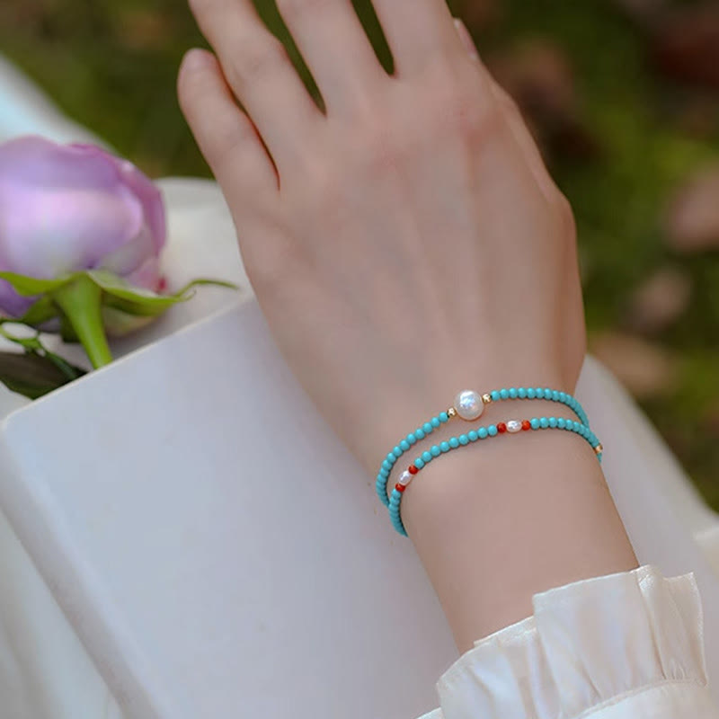 Wear FengShui Turquoise Red Agate Pearl Small Beaded Protection Bracelet