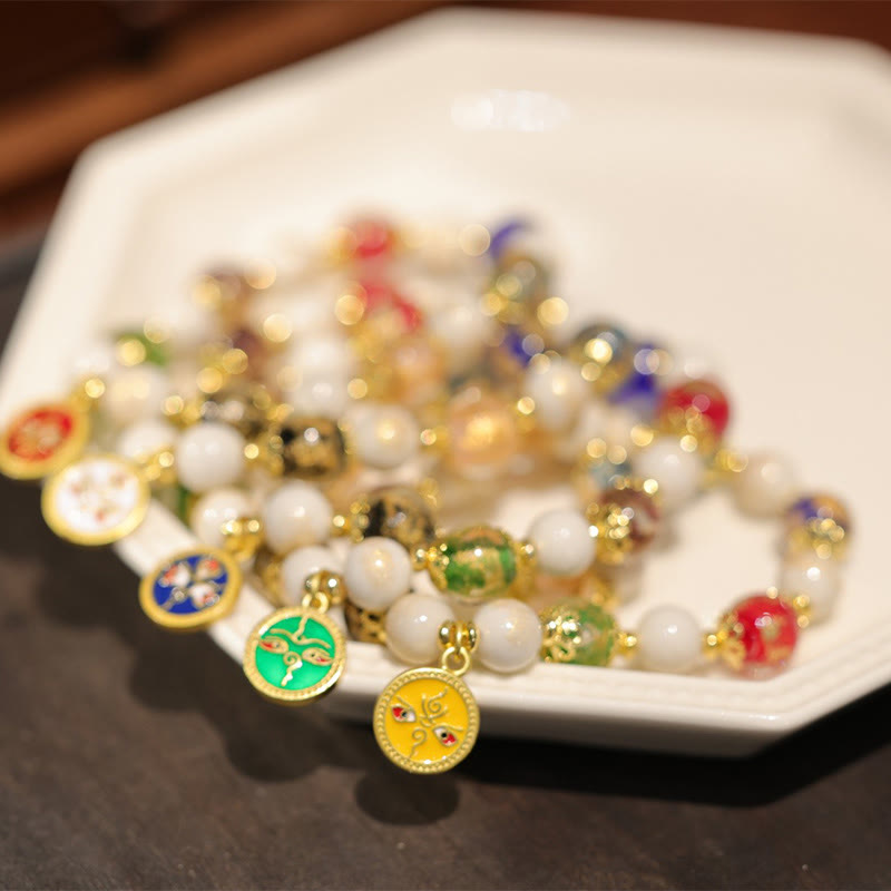Wear FengShui Tibetan Five God Of Wealth Fortune Liuli Glass Bead Incense Ash Porcelain Bead Charm Bracelet