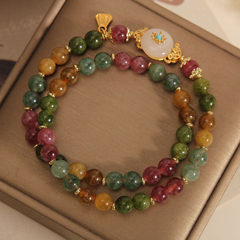 Wear FengShui Natural Multicolored Tourmaline Positive Jade Flower Double Wrap Bracelet