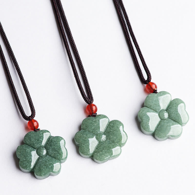 Wear FengShui Natural Lucky Four Leaf Clover Jade Prosperity Necklace Pendant