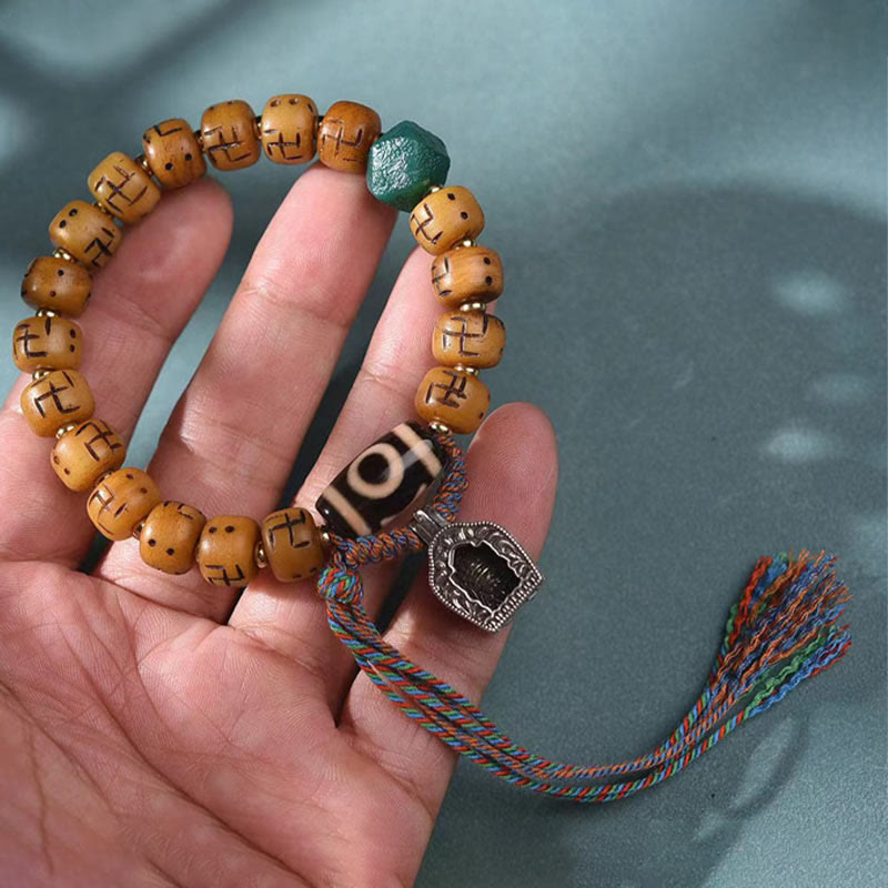 Wear FengShui Natural Tibetan Camel Bone Swastika Dzi Bead Shankha Buddha Charm Kirtimukha Luck Protection Tassel Bracelet