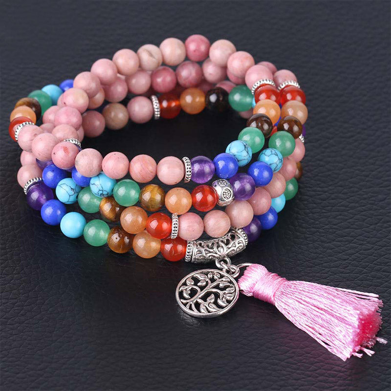 Wear FengShui 108 Mala Beads Rhodonite Blue Crystal Lazulite Healing Bracelet