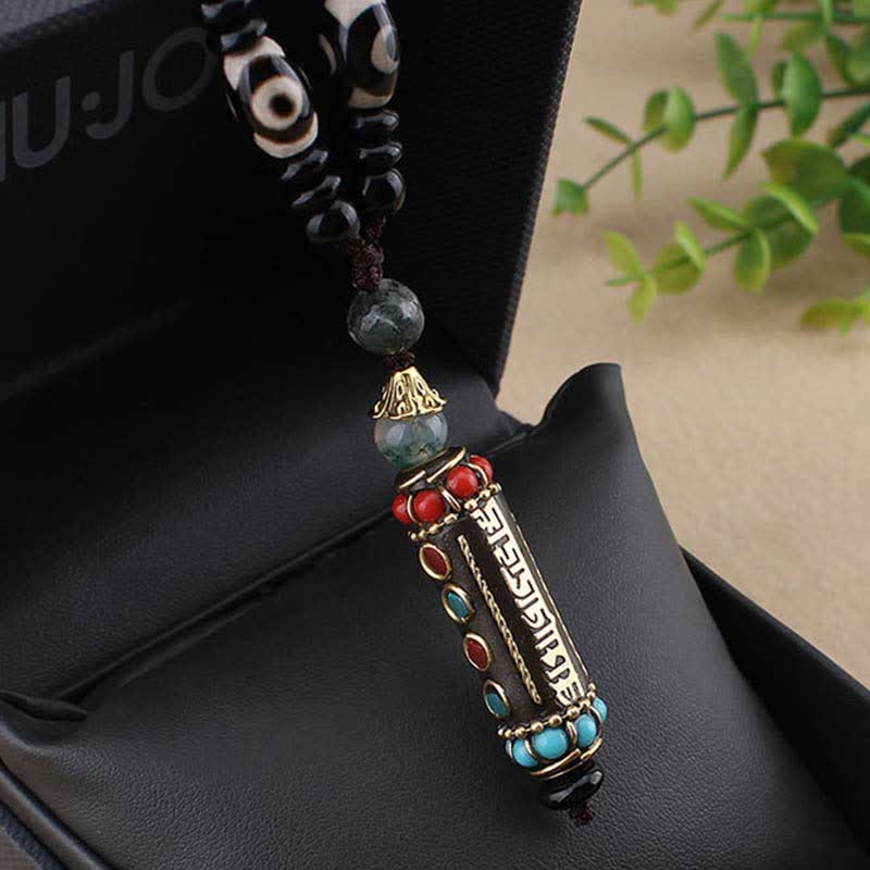 Wear FengShui Tibetan Om Mani Padme Hum Dzi Bead Wenge Wood Necklace Pendant