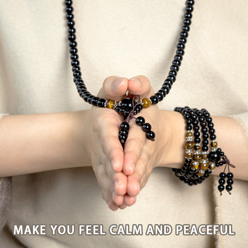 Wear FengShui 108 Beads Natural Black Obsidian Tiger Eye Mala Bracelet