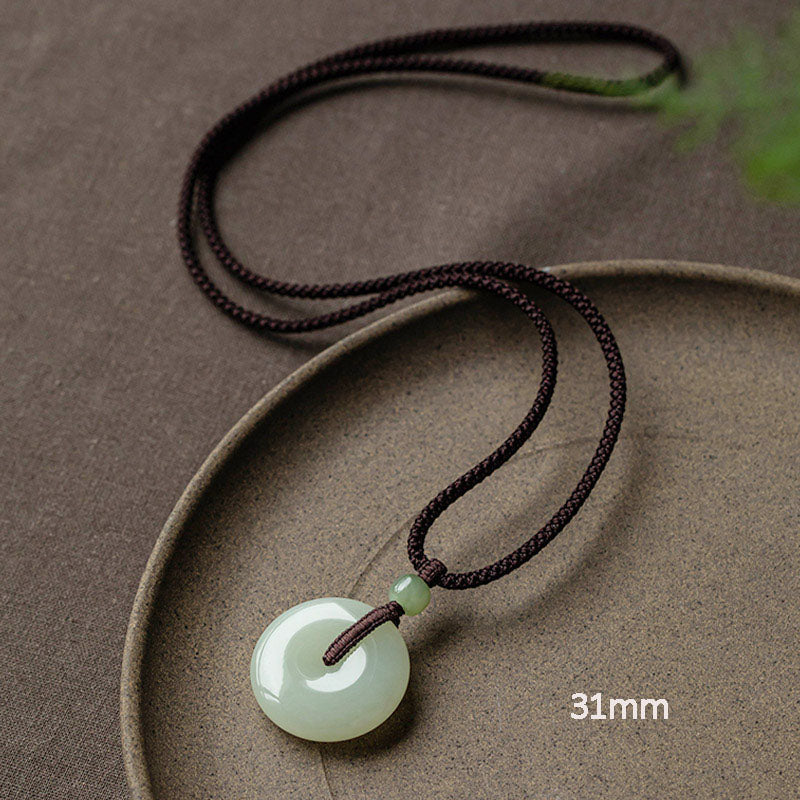 Wear FengShui Natural Round Jade Peace Buckle Luck Prosperity Necklace Pendant