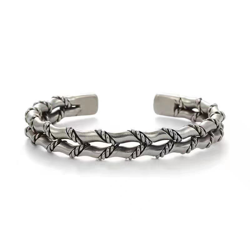 Wear FengShui Vintage Double Layer Bamboo Pattern Luck Cuff Bracelet Bangle