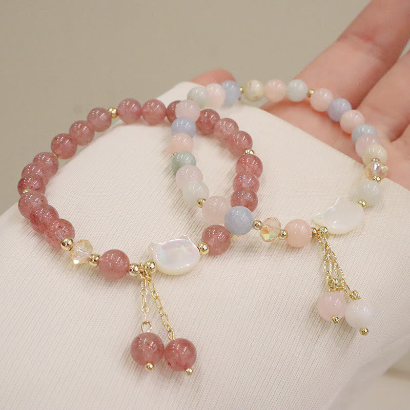 Wear FengShui Natural Strawberry Quartz Morganite Tridacna Stone Cat Love Bracelet