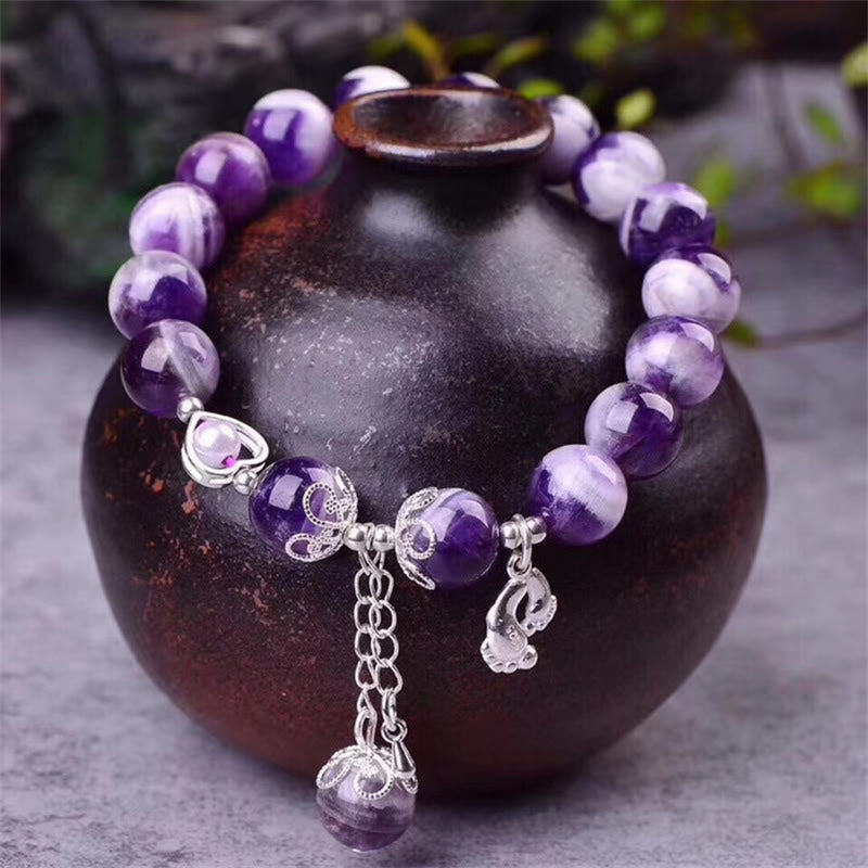 Wear FengShui 925 Sterling Silver Natural Amethyst Healing Feet Love Heart Charm Bracelet