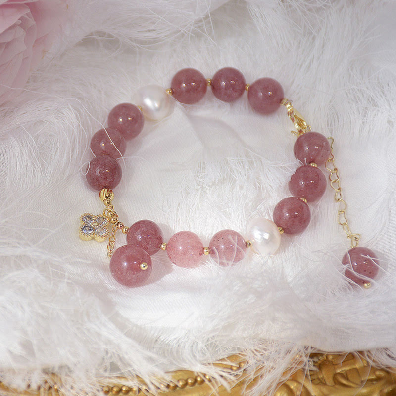 Wear FengShui Natural Strawberry Quartz Pearl Four Leaf Clover Love Bracelet
