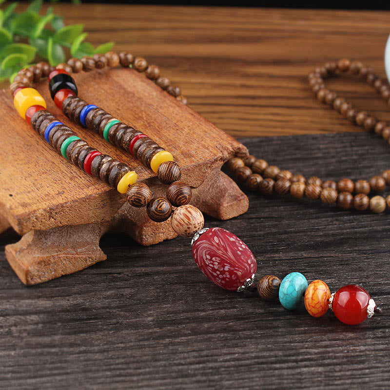 Wear FengShui Tibetan Wenge Wood Bodhi Seed Agate Balance Peace Necklace Pendant